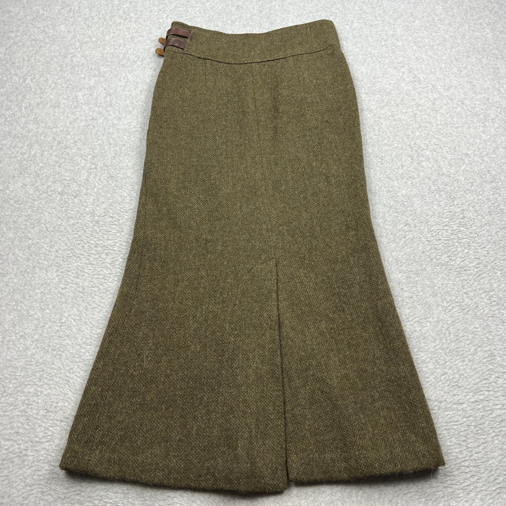 VTG Ralph Lauren Skirt Womens 2 Green Wool Maxi Leather Buckle Tweed Equestrian - Picture 8 of 10